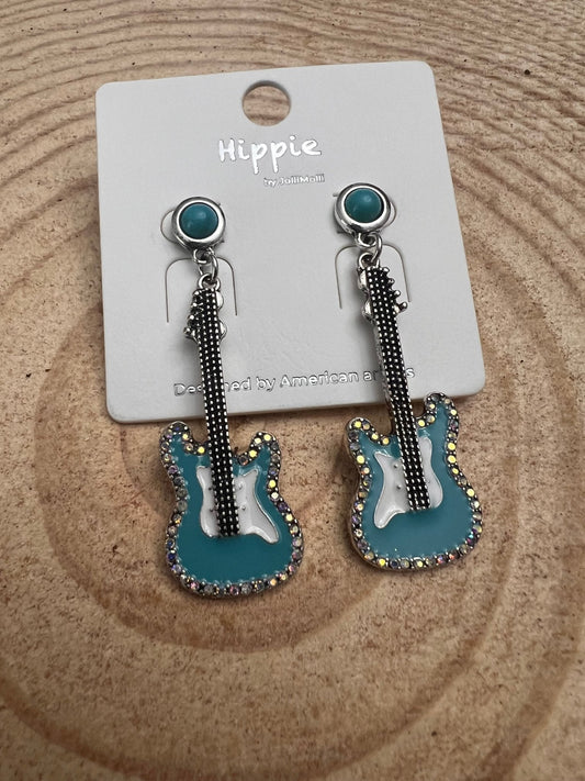 Western Turquoise Guitar Dangle Earrings - 2 inch drop