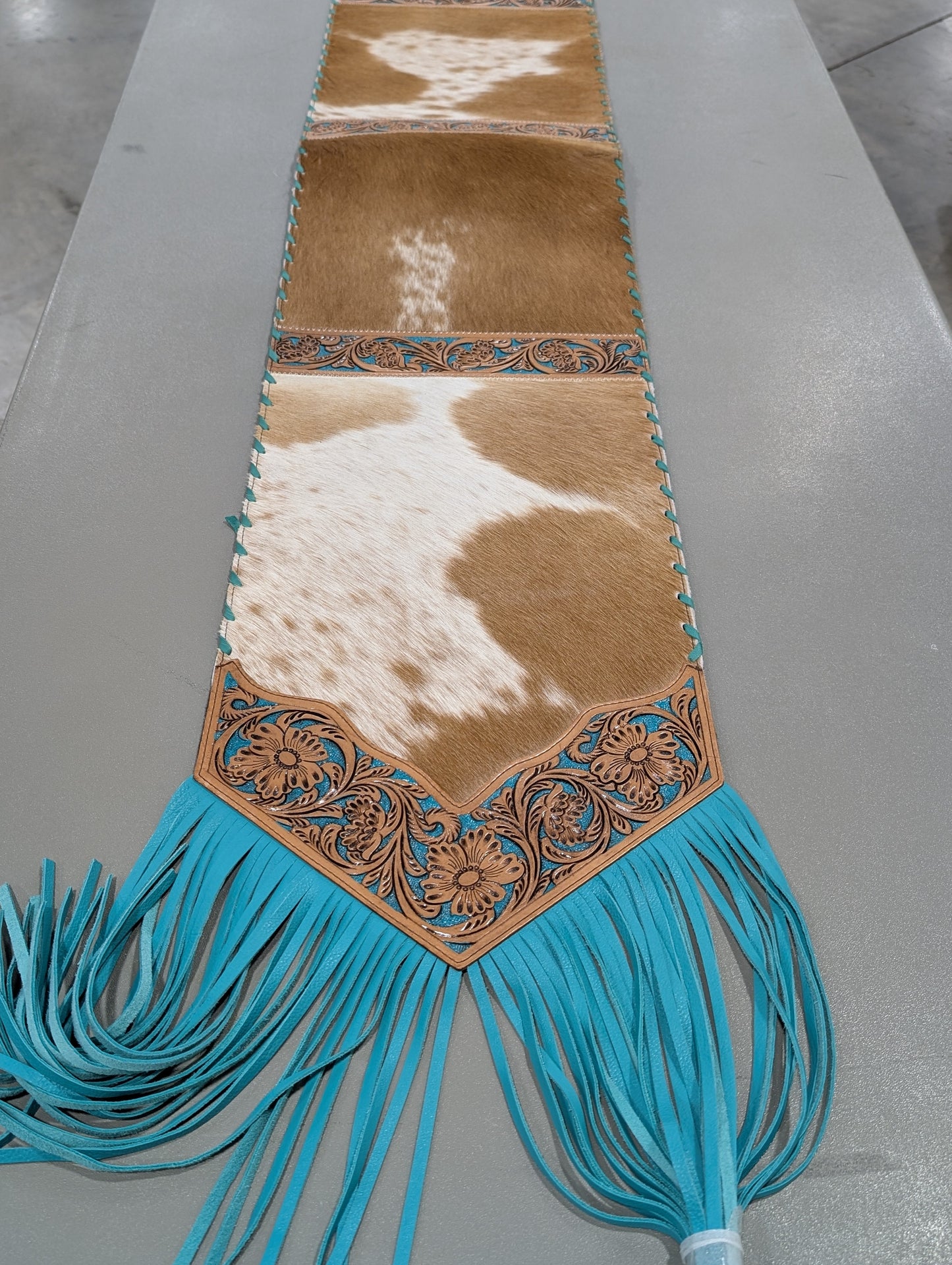 6ft Genuine Cowhide Table Runner – Tooled Leather Ends & Teal Fringe